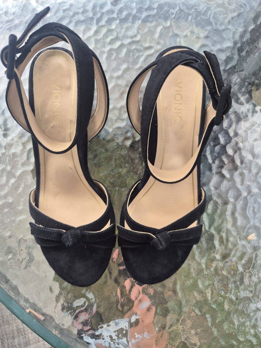 Vionic Black Suede Knot-Front Ankle-Strap Heels